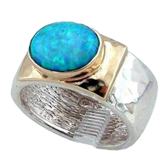Wide and Solid Sterling Silver Ring Decorated with Yellow Gold and Blue Oval Opal Gemstone
