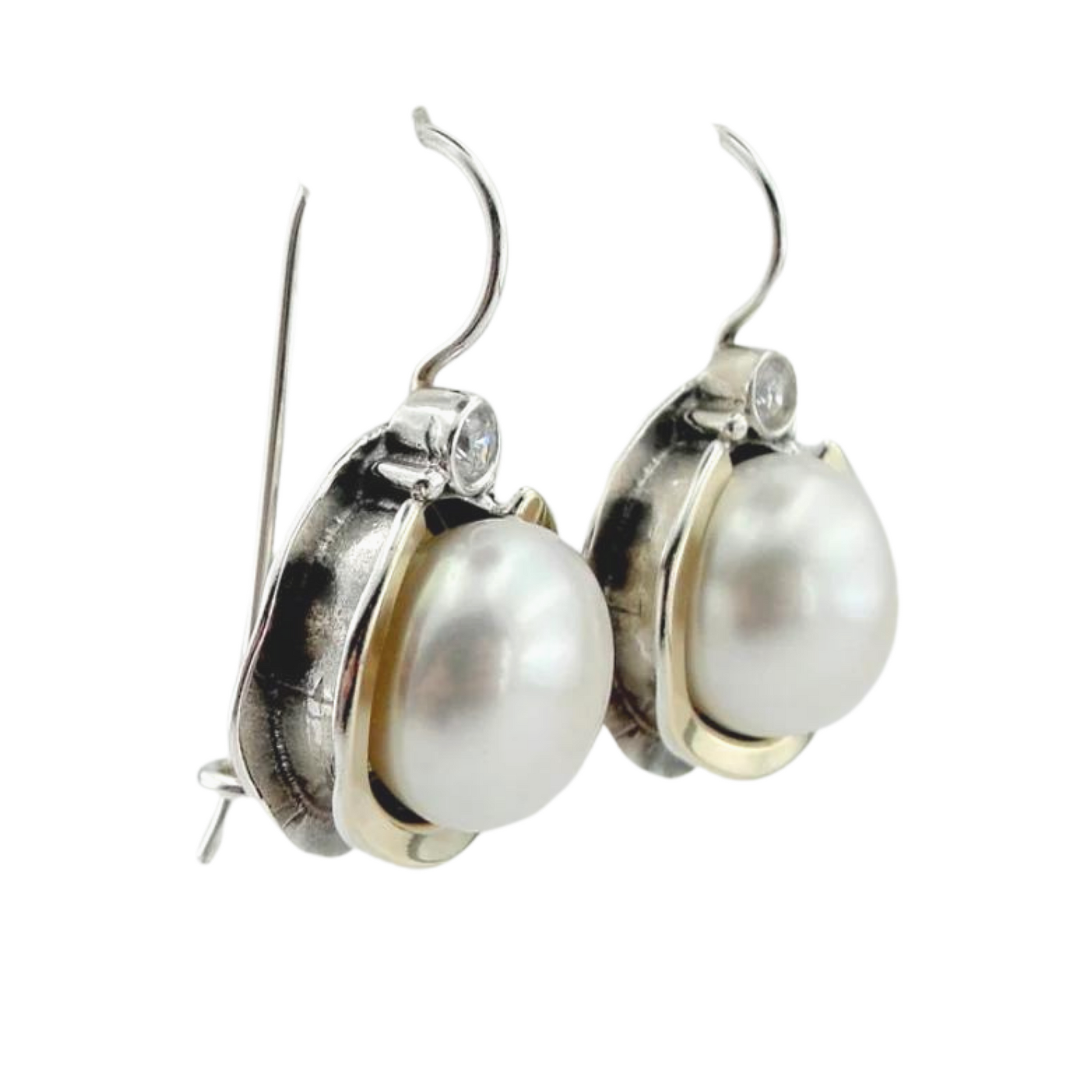 Big pearls Dangle Earrings Decorated with Yellow Gold, Sterling Silver Earrings, silver and gold earrings, Natural Pearls earrings, Gold earrings, dangling gold earrings, Pearls Earrings, Zircon Earrings, Israeli Jewelry, Israeli design, gift for mom