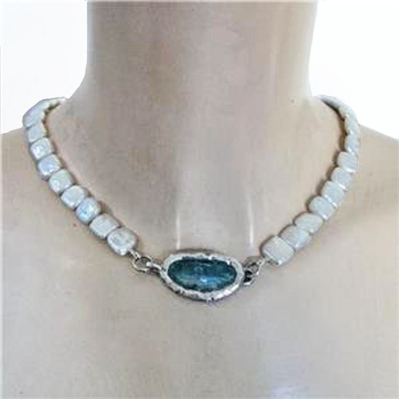 Sterling Silver Roman Glass Natural Oblong Pearls Pendant Gift for Israeli Women