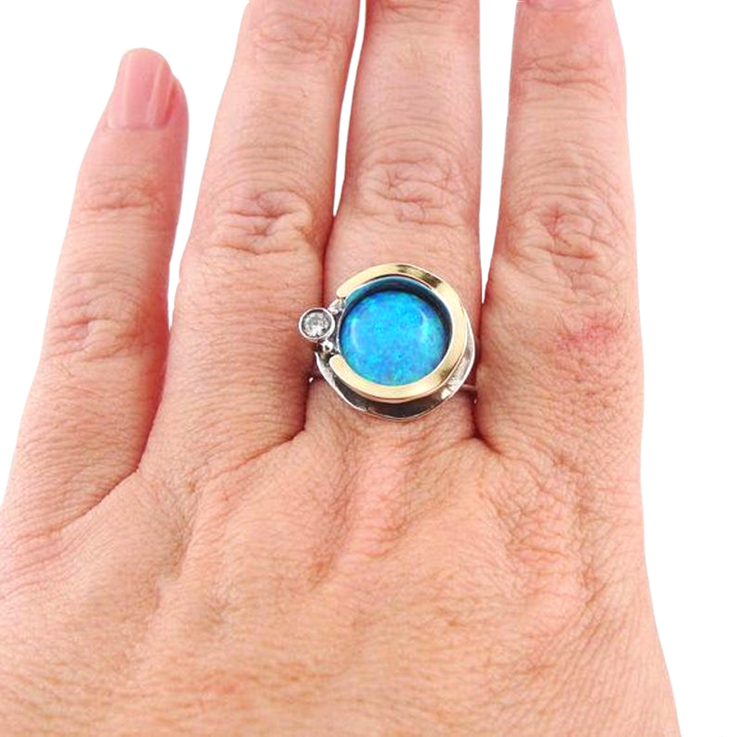 Blue Mosaic Opal Inlaid in Sterling Silver And Decorated With 9K Yellow Gold Ring