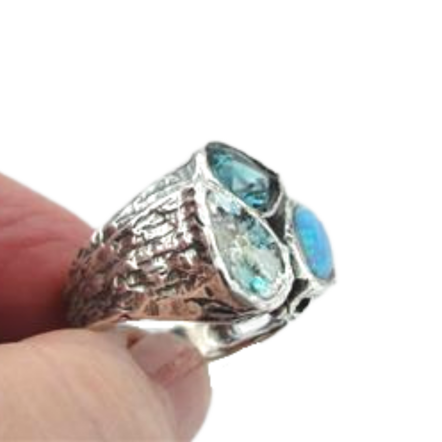 Hadar Designers Handmade 925 Silver Roman Glass Opal Blue CZ Ring any size