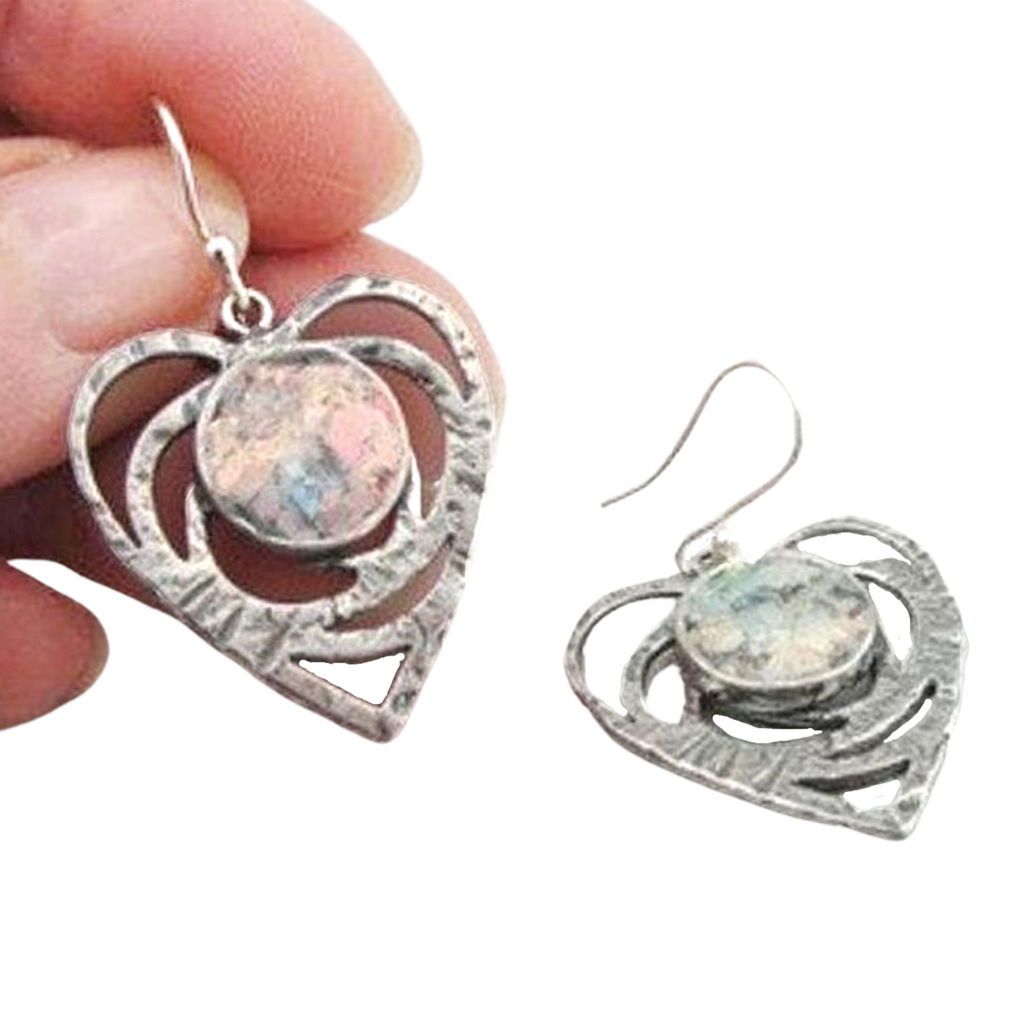 Sterling silver Dangle Heart Earrings, with Genuine Roman Glass, Handmade Jewelry, Roman Glass Earrings, Heart shape dangles, Israeli jewelry, from Israel, Israeli design, Holly land jewelry, Christmas gift, Valentin gift, gift for her, LOVE, Heart