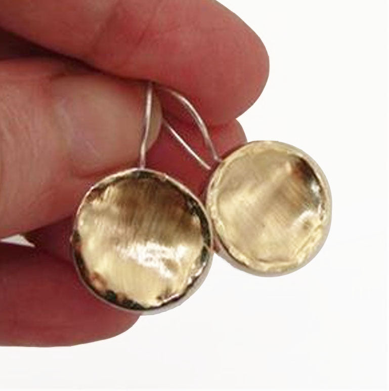 Round Solid Silver Earrings Decorated With A Brush Texture Yellow Gold
