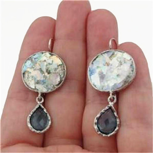 Handmade Sterling Silver Antique Roman Glass CZ Earrings Elegant Israeli Jewelry Dangle Earrings for Her