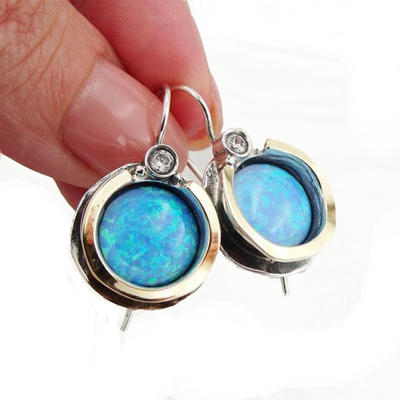 Round blue mosaic opal earrings base in Sterling silver and decorated with Gold