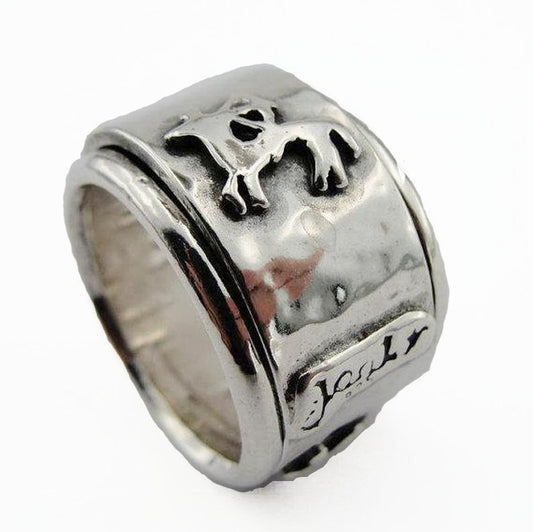 Sterling silver wide swivel band ring decorated with the Sagittarius sign symbol