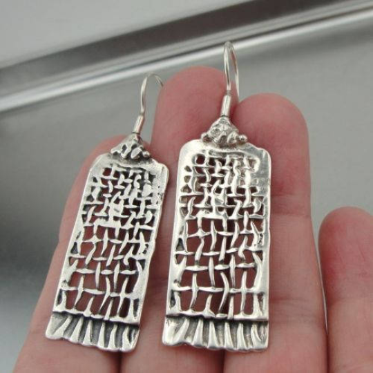 Hadar Designers 925 Sterling Silver Long Net Earrings Handmade Unique