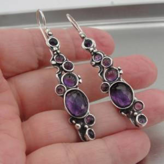 Hadar Jewelry Handmade Long Sterling Silver Purple Amethyst Earrings