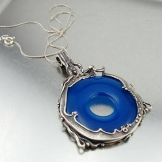 Hadar Designers Blue Agate Pendent Handmade Large Sterling Silver