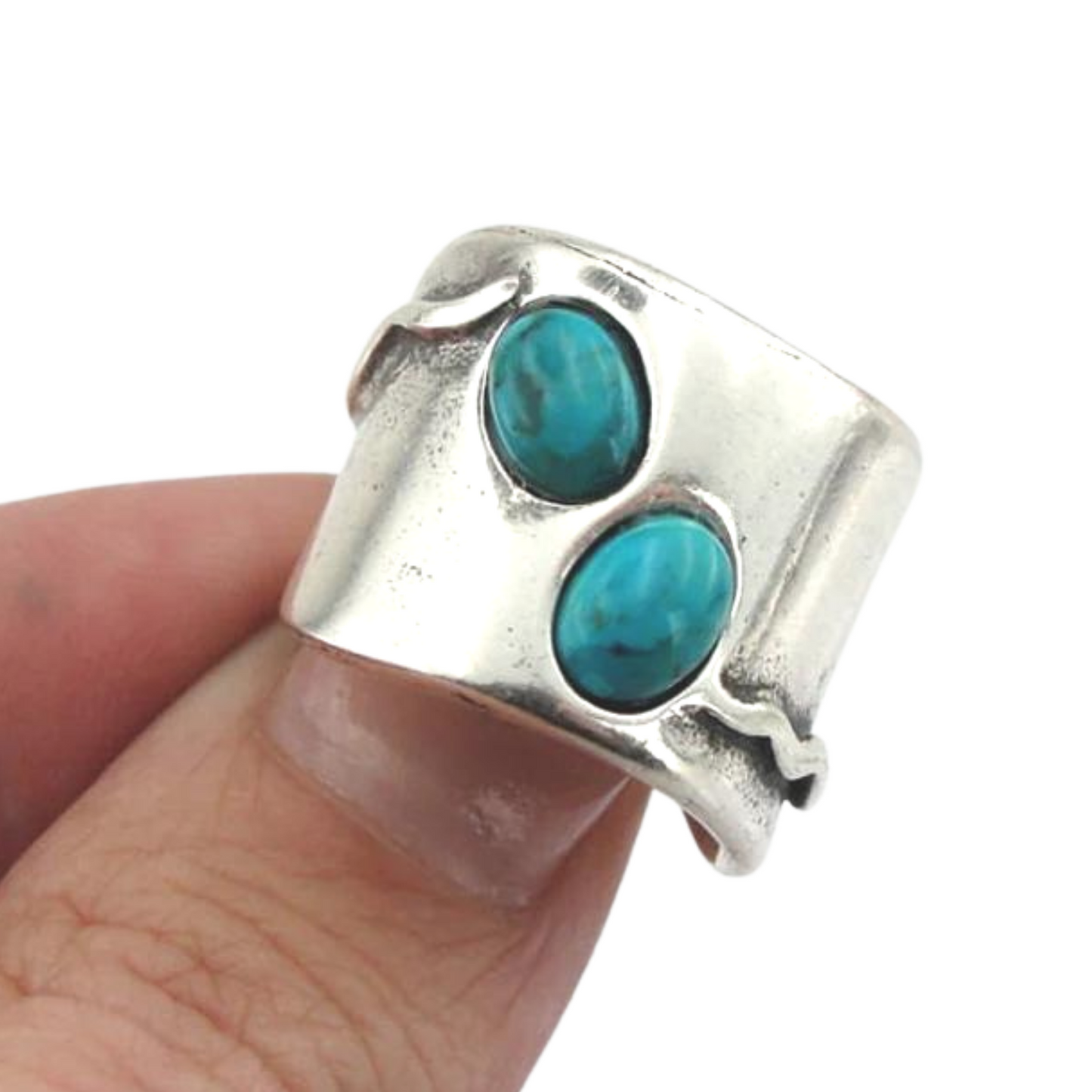 Sterling Silver Wide Ring, decorated with Natural Turquoise