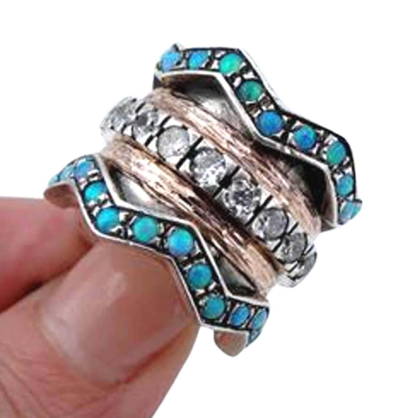 Hadar Jewelry Handmade 9k Gold Sterling White Zircon Opal Swivel Ring