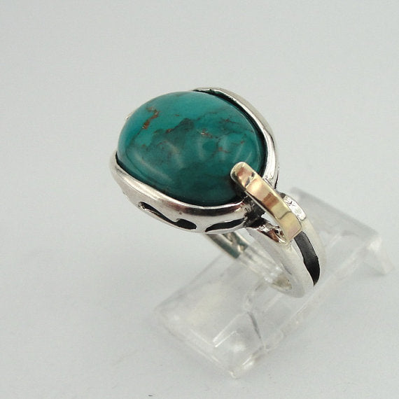 925 Turquoise ring, Handcrafted 9k yellow gold & 925 sterling Silver ring,