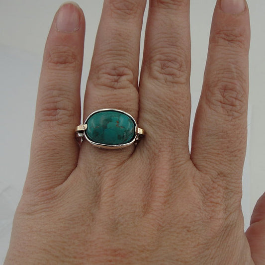 925 Turquoise ring, Handcrafted 9k yellow gold & 925 sterling Silver ring,