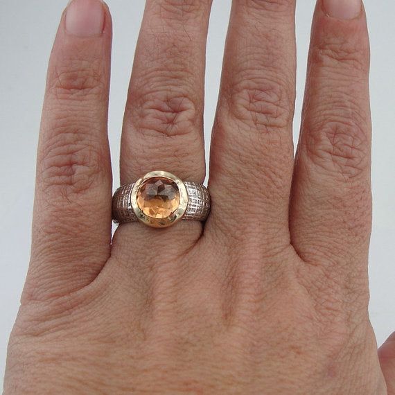 Champagne Quartz Silver Ring With 9K Gold Gift for Her