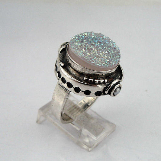 Sterling silver Druzy agate and pearls ring