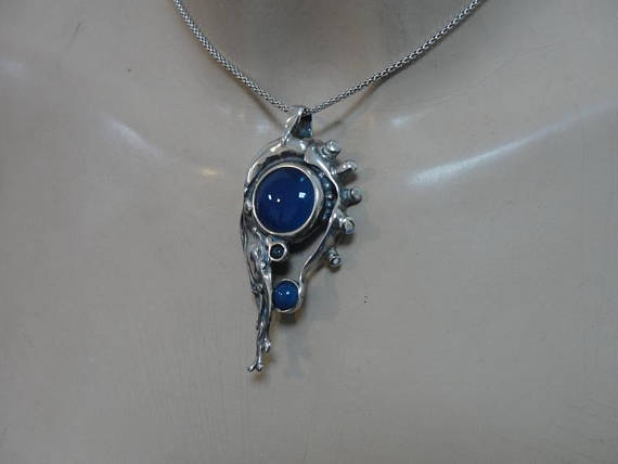Hadar handcrafted Huge Sterling Silver Blue Agate Pendant ( 438