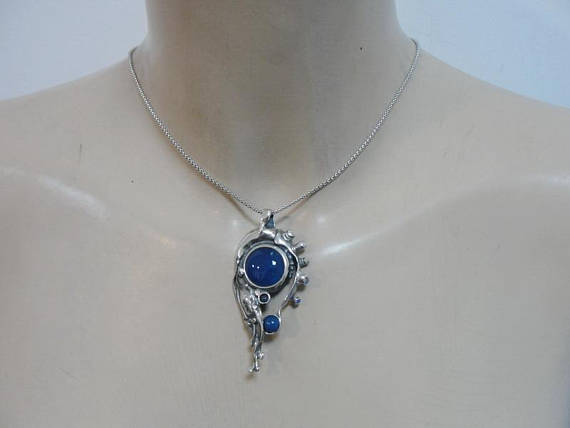 Hadar handcrafted Huge Sterling Silver Blue Agate Pendant ( 438