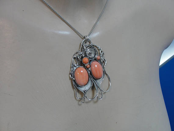 Handcrafted Large 925 Sterling Silver Green Agate Pendent,coral Necklace, stone Pendant, Oval Pendant