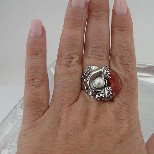 Israel handmade unique 925 Sterling Silver cornelian and Pearl woman Ring size 8 (h 172D)