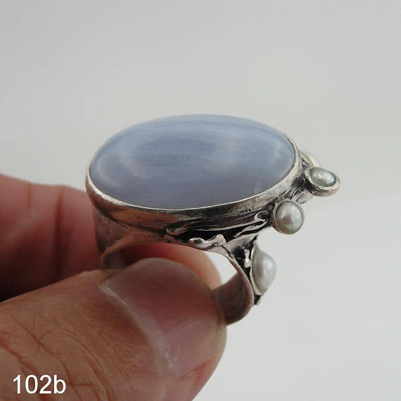 Hadar Designers Lace Agate Pearl Ring Handmade 925 Silver Luxurious Chunky Ring for Women and Men