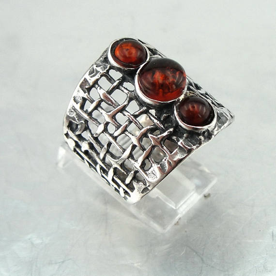 Hadar Jewelry Long 925 Amber Ring, Handcrafted Sterling Silver Amber Ring