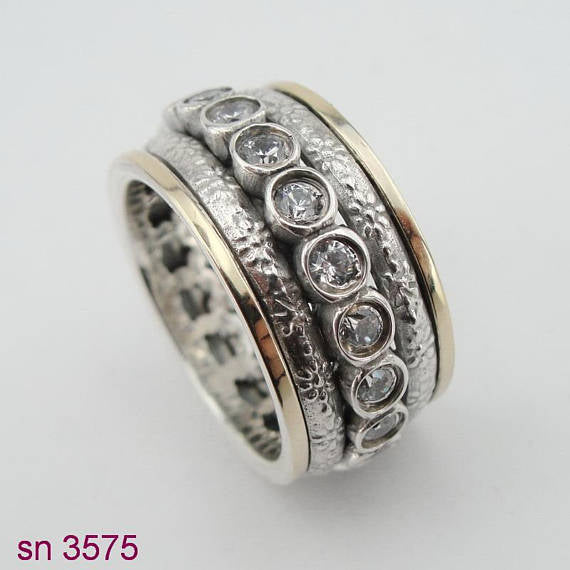 Two Silver Ring and in Center Studded Zircons Swivel Ring
