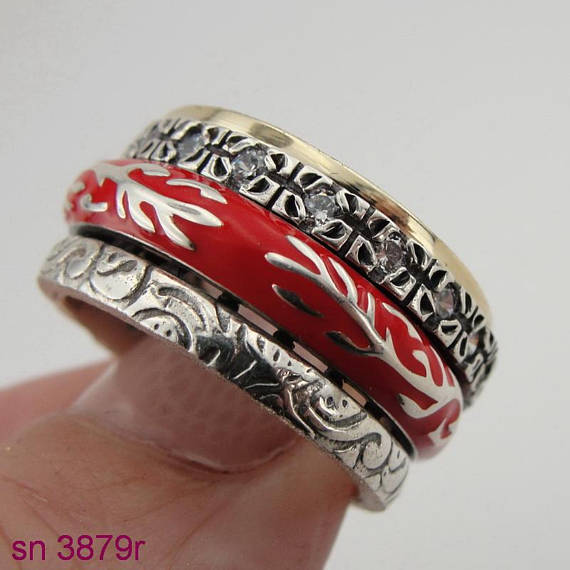 Fabulous Handmade Silver, Swivel Ring ,925 Sterling Silver Ring With Red Ceramic Rings