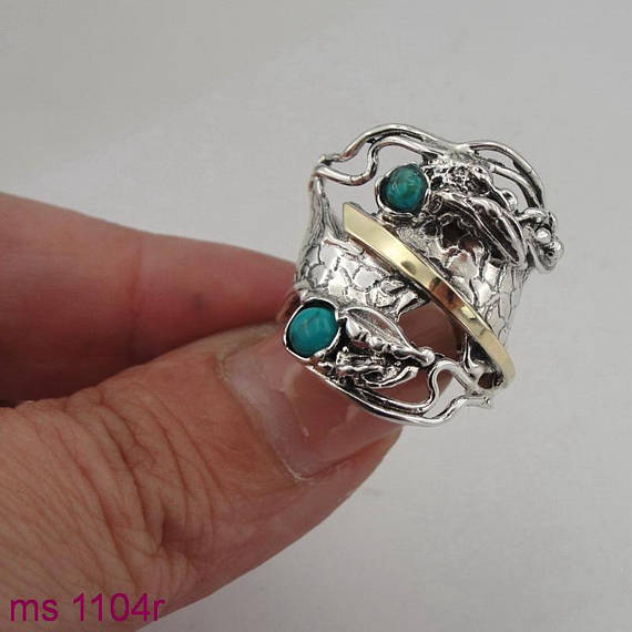 Fine green turquois Ring, 925 Silver 9K Yellow Gold Ring, turquoie ring, green stone ring. Free Shipping, Israeli Jewelry, Gift (ms 1104