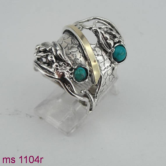 Fine green turquois Ring, 925 Silver 9K Yellow Gold Ring, turquoie ring, green stone ring. Free Shipping, Israeli Jewelry, Gift (ms 1104