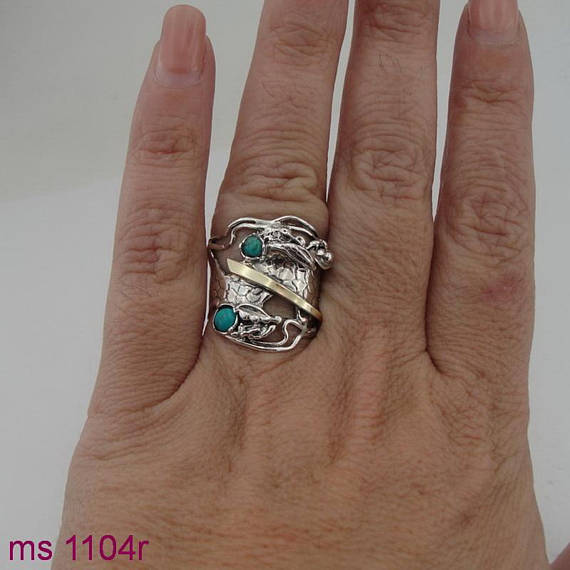 Fine green turquois Ring, 925 Silver 9K Yellow Gold Ring, turquoie ring, green stone ring. Free Shipping, Israeli Jewelry, Gift (ms 1104