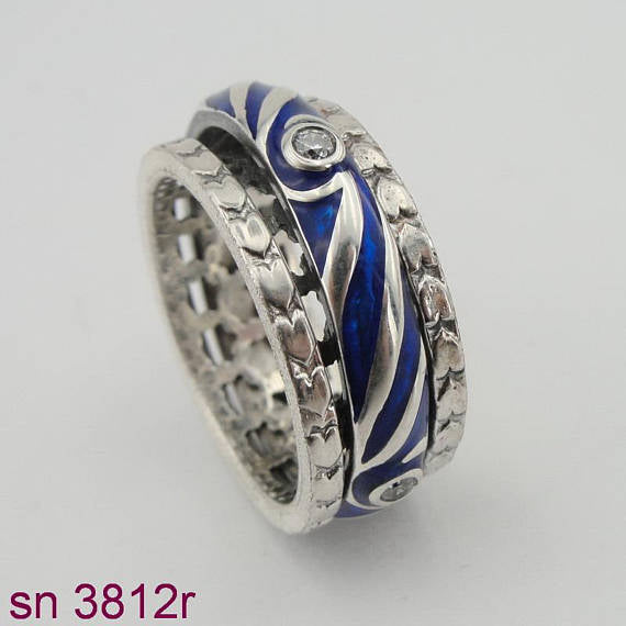 Fabulous Handmade Sterling Silver 925 Blue Ceramic Rings Unisex Ring Swivel Ring