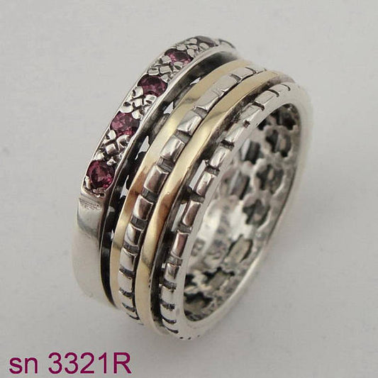 Silver & Gold Swivel Ring inlaid Ruby (sn 3321r)