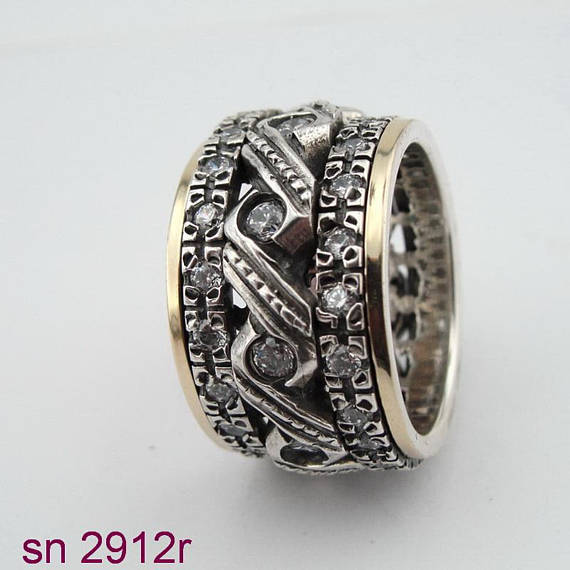 Swivel Band With Sterling Silver And 9K Gold Decorated With White Zircon
