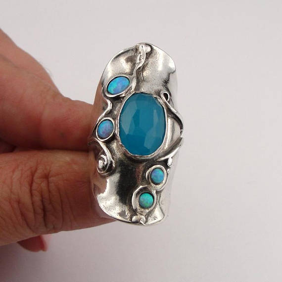 Blue Opal Ring, Long 925 Silver Opal Ocean Quartz Ring, Blue Stone Ring, Birthday Gift, Opal Jewelry, October Birthstone