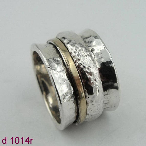 ISRAEL Fabulous Handcrafted 9K Yellow Gold 925 Silver Swivel Ring gift ,ring, swivel ring Size 8 (d 1014r)
