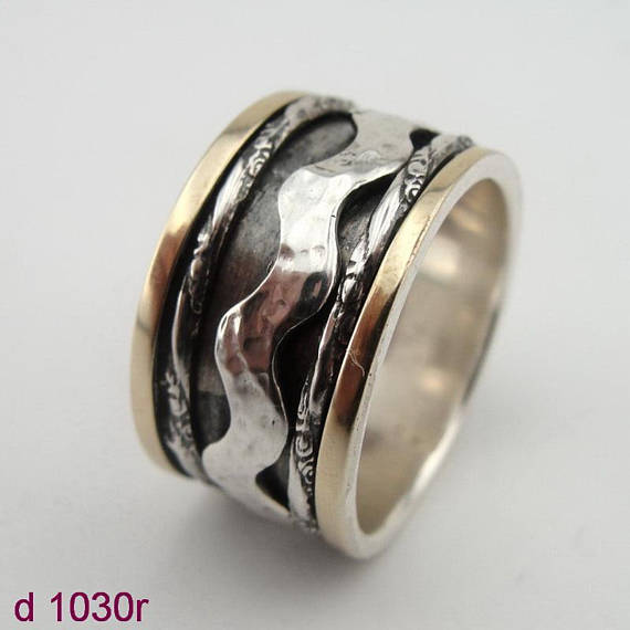 ISRAEL Fabulous Handcrafted 9K Yellow Gold 925 Silver Swivel Ring gift ,ring, swivel ring Size 9 , 9.5 (d 1030r)