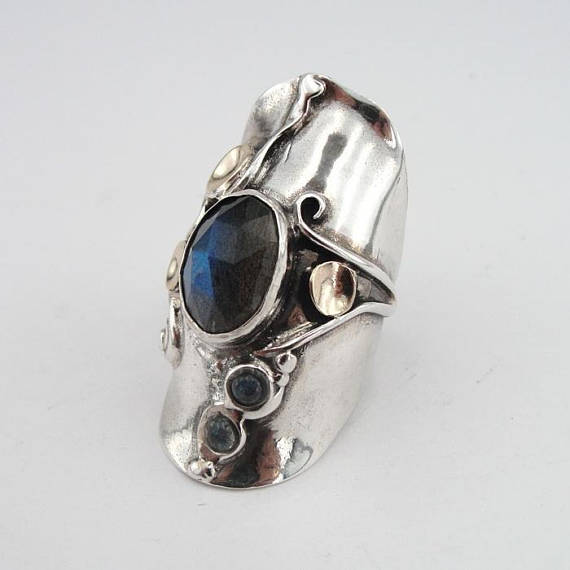 Labradorite Ring, Handmade 9K Yellow Gold 925 Sterling Silver Ring