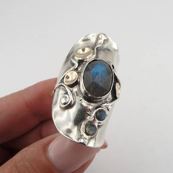 Labradorite Ring, Handmade 9K Yellow Gold 925 Sterling Silver Ring