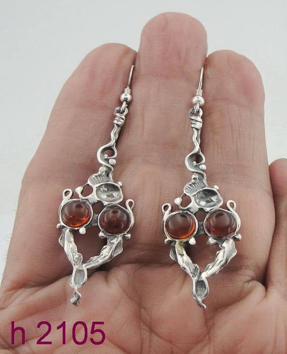 Amber Silver Earrings, Long Silver Earrings, Sculpted Sterling Silver Amber Long Earrings (h 2105)