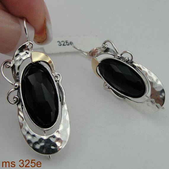 9k Yellow Gold Sterling Silver Black Onyx Earrings Handmade Israeli Jewelry