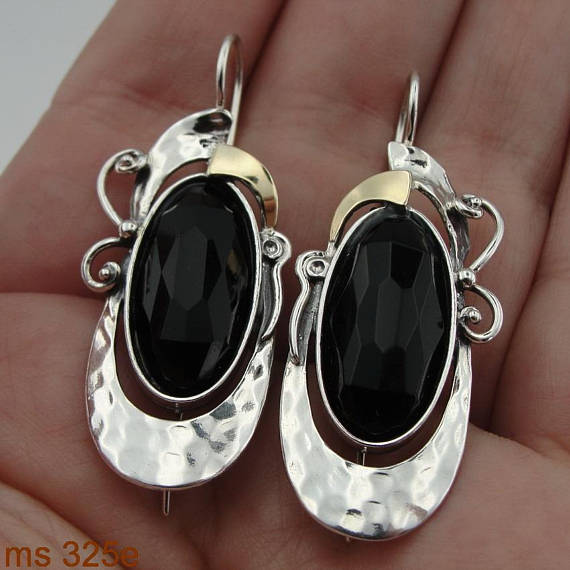 9k Yellow Gold Sterling Silver Black Onyx Earrings Handmade Israeli Jewelry