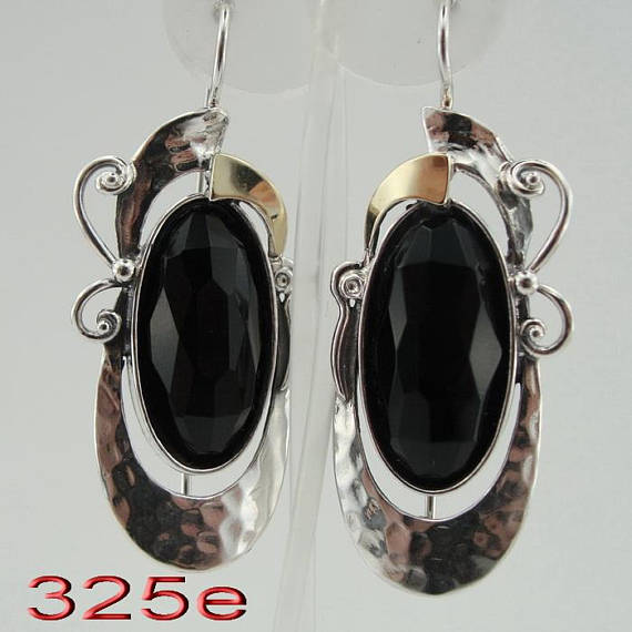 9k Yellow Gold Sterling Silver Black Onyx Earrings Handmade Israeli Jewelry