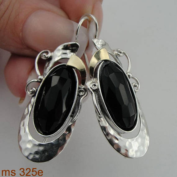 9k Yellow Gold Sterling Silver Black Onyx Earrings Handmade Israeli Jewelry