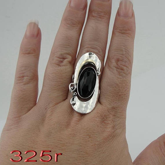 Hadar Designers 9k Yellow Gold 925 Silver Onyx Ring Unisex Long Ring