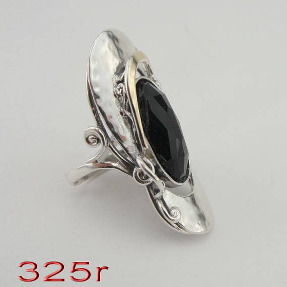 Hadar Designers 9k Yellow Gold 925 Silver Onyx Ring Unisex Long Ring