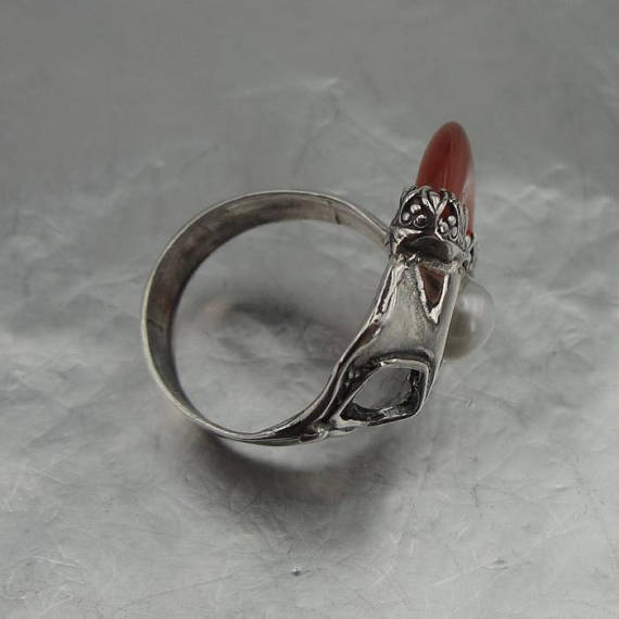 Israel handmade unique 925 Sterling Silver cornelian and Pearl woman Ring size 8 (h 172D)