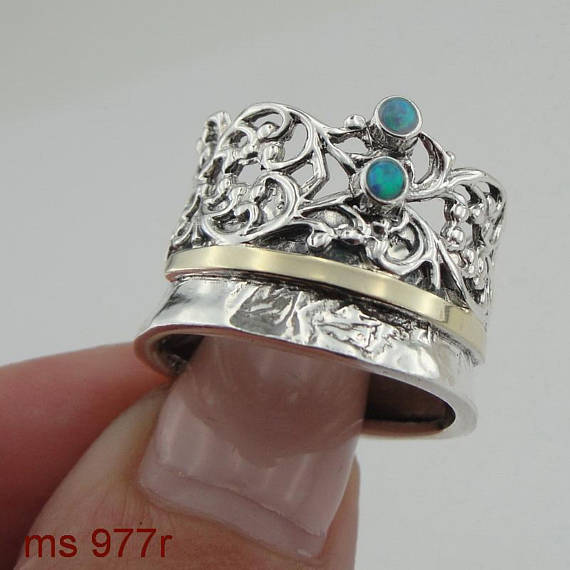 Fine Opal Ring 925 Silver 9K Yellow Gold Ring Green Stone Israeli Jewelry Chunky Ring