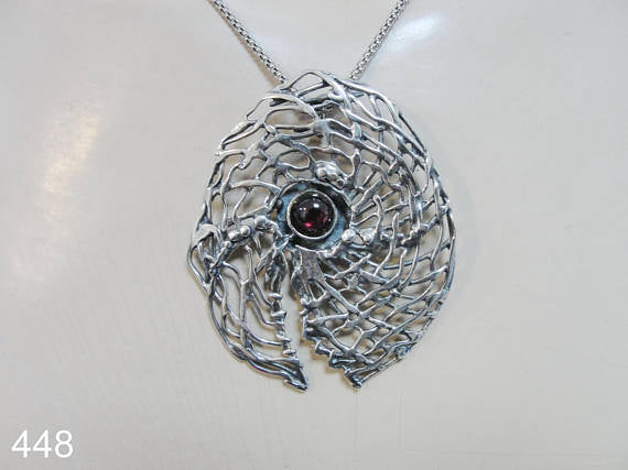 Hadar Pendant , handcrafted Large Sterling Silver garnet ,chain, Pendent (H 448)
