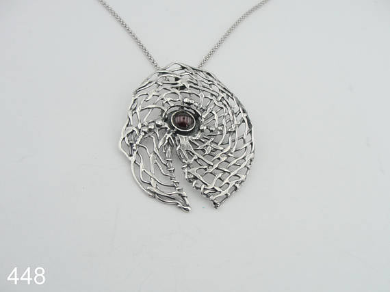 Hadar Pendant , handcrafted Large Sterling Silver garnet ,chain, Pendent (H 448)