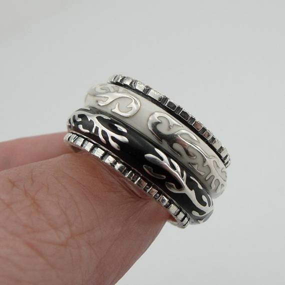 Fabulous Handmade Sterling Silver 925 Black Ceramic Ring Unisex Ring Swivel Ring